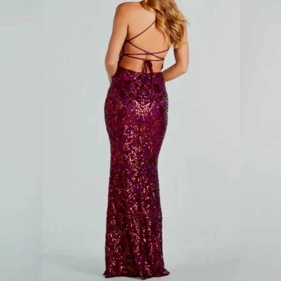 Windsor Tasha Fuchsia Sequin Brocade Mermaid Lace Back Formal Dress - Picture 2 of 12